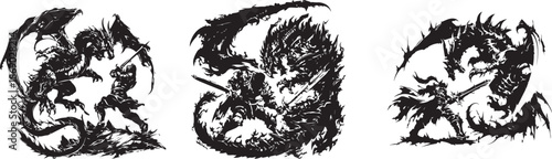 Ancient Duel: A fierce knight is in the middle of a battle with fearsome dragons in this epic illustration of bravery and power, symbolizing a timeless clash.