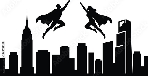 Superhero silhouettes flying above city skyline, man and woman heroes in action pose, urban comic style illustration, isolated white background