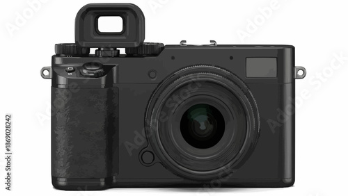 Black digital camera with pop up viewfinder on white background.