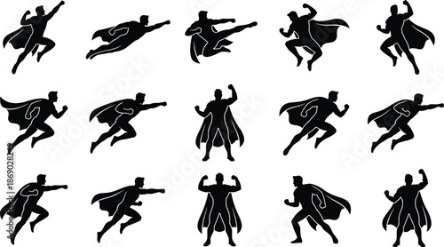 Superhero silhouettes set in flying and fighting poses, powerful comic book heroes in action, dynamic fantasy illustration collection isolated on white background