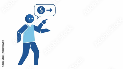 Blue character points to dollar sign in speech bubble indicating financial transaction.