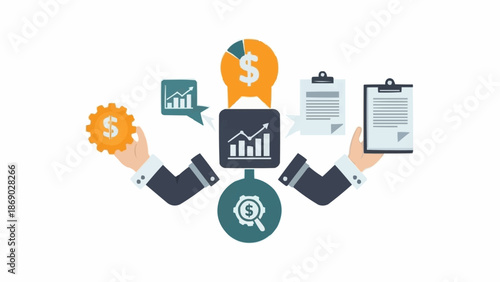 Business analytics concept with hands holding financial symbols and documents.