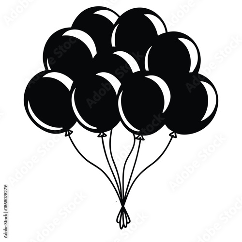 Black and white line art of two floating balloons with strings,Simple line art illustration of three balloons, one black and two white,