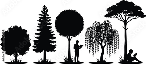 Tree silhouettes with people reading books in park nature landscape illustration featuring different tree types and peaceful outdoor reading scene