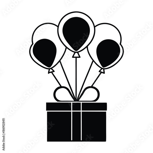 Black and white line art of two floating balloons with strings,Simple line art illustration of three balloons, one black and two white,