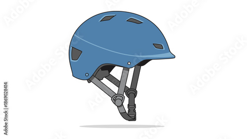 Blue safety helmet with gray straps and ventilation holes