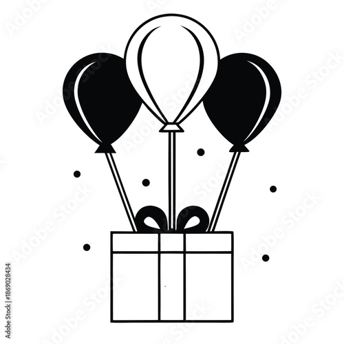 Black and white line art of two floating balloons with strings,Simple line art illustration of three balloons, one black and two white,