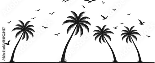 Palm Tree Silhouettes with Flying Birds, Tropical Nature Landscape, Summer Beach Atmosphere, Minimal Black and White Coastal Illustration Design