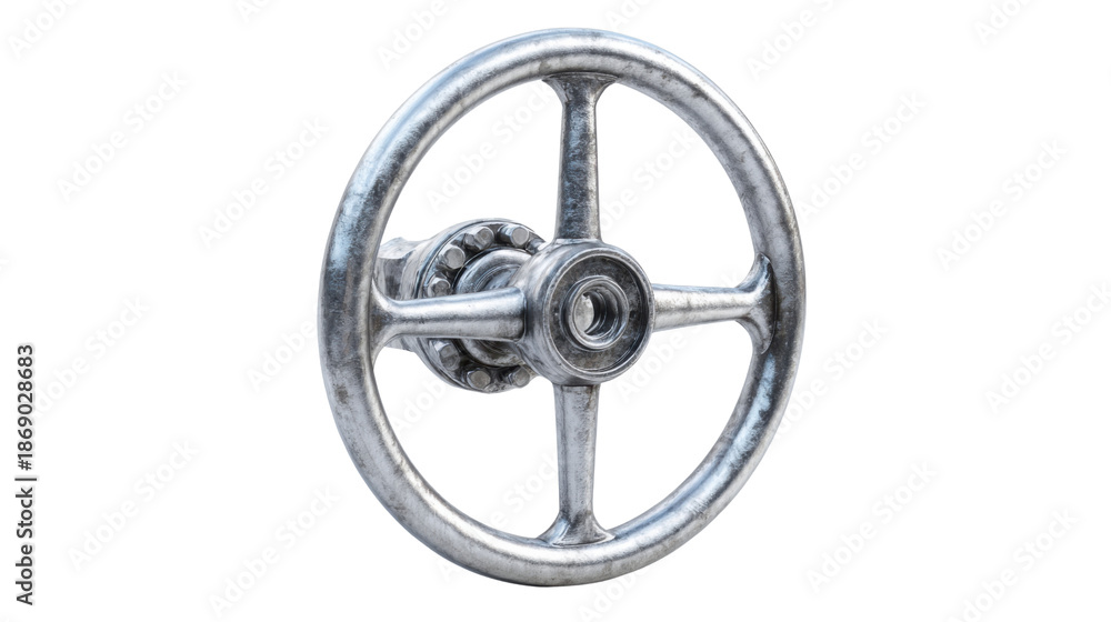 Obraz premium Metal handwheel from industrial machinery, showing details of aged metallic texture and construction on a transparent background