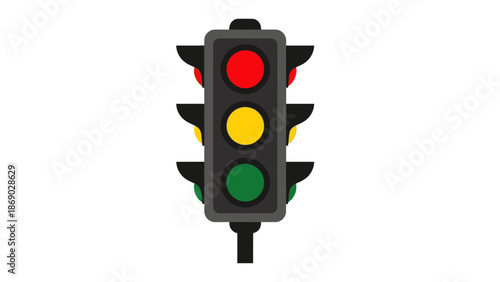 Traffic light with red, yellow, and green lights on white background