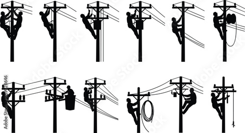 Utility, worker, silhouette, pole, electrical, maintenance, repair, installation, wires, ladder, bucket, gear, helmet, tools, technician, infrastructure, elevated, 