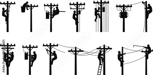 Utility, worker, silhouette, pole, electrical, maintenance, repair, installation, wires, ladder, gear, helmet, tools, technician, elevated, infrastructure, service, 