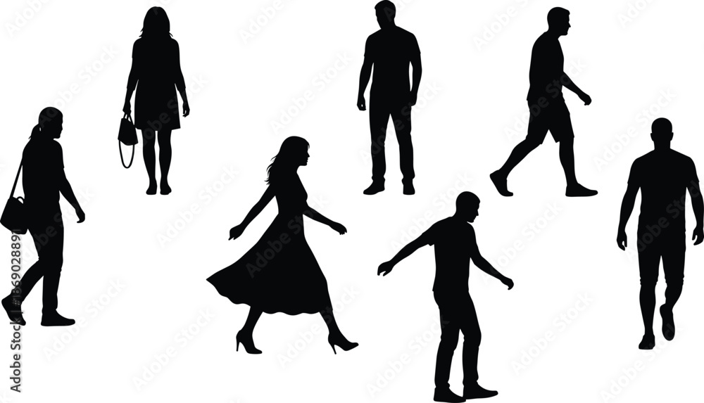 Obraz premium Walking and standing silhouettes, human poses, casual movement, black artwork, white background, gesture study, diverse figures, expressive posture, motion design