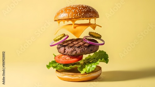 A burger with cheese, onion, and lettuce on a plate viewed from the side