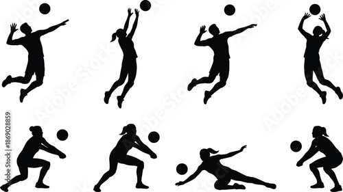 Volleyball player silhouettes in action poses, serving spiking blocking diving athletes, dynamic team sport illustration set isolated on white background