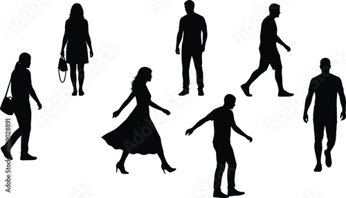 Walking and standing silhouettes, human poses, casual movement, black artwork, white background, gesture study, diverse figures, expressive posture, motion design