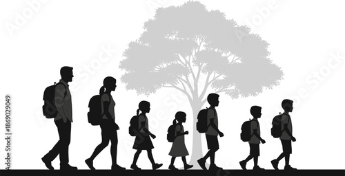 Silhouette of group walking with backpacks near tree, outdoor journey, nature scene, community movement, travel or school hike