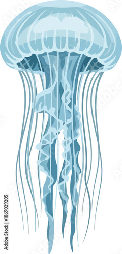 Illustration of a translucent jellyfish in blue tones, showcasing its delicate tentacles and aquatic form