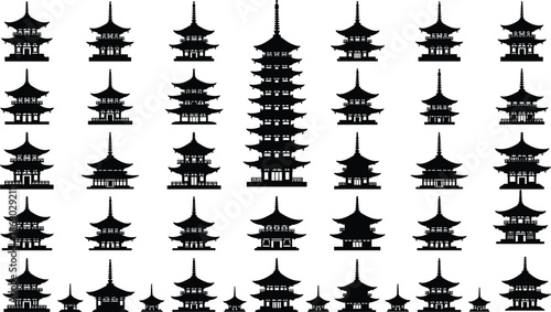 Pagoda silhouette collection, temple icon set, East Asian architecture, traditional roof shapes, cultural building vector, black graphic elements, cad drawing flat vector illustration