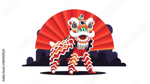 Vibrant illustration of a lion dance costume with red fan background