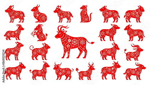 Collection of red ox illustrations with floral patterns in various poses