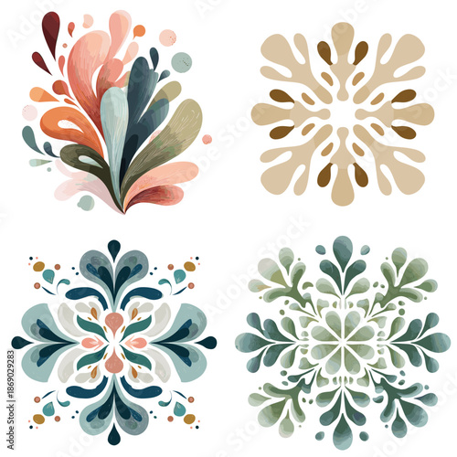 Abstract floral ornament illustration set with symmetrical decorative shapes in soft earthy colors. Organic petals and leaves form elegant modern botanical designs.