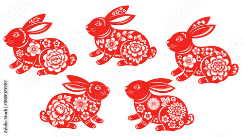 Five red rabbits with floral patterns on white background illustration