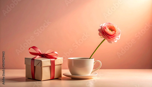 Valentines Day Soft Pink Rose in Tea Cup Next to Gift Box with Red Ribbon Gentle Still Life.