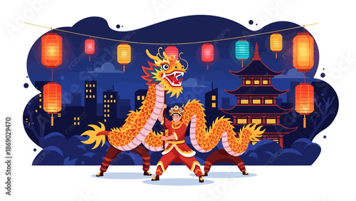 Dragon dance performance in front of pagoda and cityscape at night with lanterns