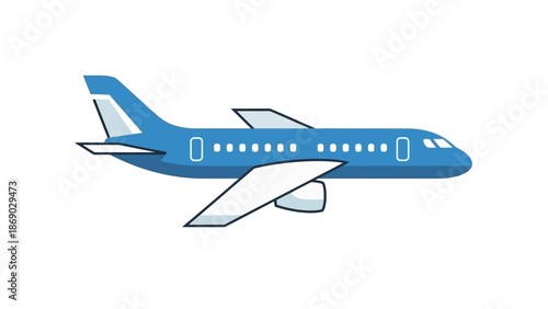 Modern blue airplane in flight on white background