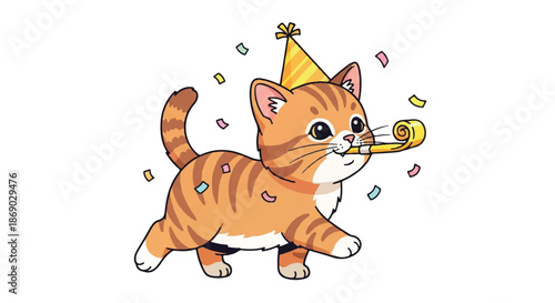 Playful orange kitten celebrating with party horn and confetti illustration.