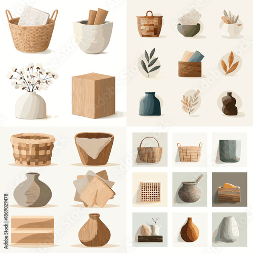 Illustration collection of woven baskets pottery vases and natural decor objects. Earthy tones and handmade textures create a cozy home styling theme.
