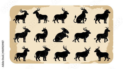 Collection of 14 black animal silhouettes on a vintage beige background