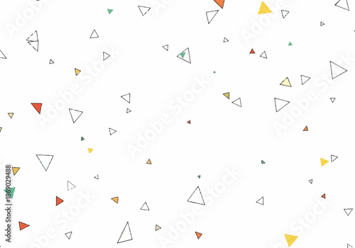 Abstract geometric pattern of scattered triangles in pastel colors on white background.