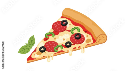 Delicious slice of pepperoni pizza with melted cheese and fresh basil