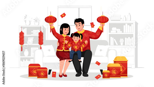 Family in traditional Chinese clothing celebrating Lunar New Year together indoors happily