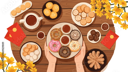Assorted pastries and tea on a wooden table with yellow flowers