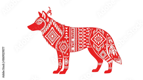 Red wolf with traditional folk patterns on its fur standing sideways.