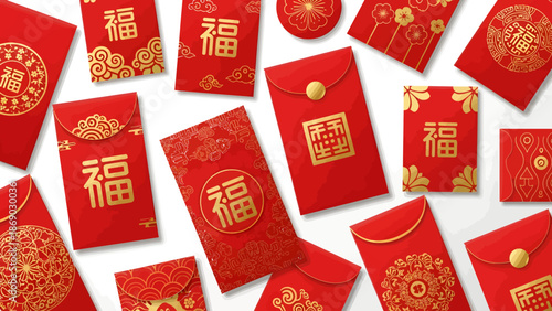 Collection of red envelopes with gold Chinese characters and designs for Lunar New Year