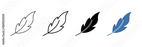 Set of minimalist feather icons with transparent background, depicting softness, writing, and elegant design elements, perfect for creative projects, vector illustration