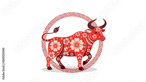 Red ox with floral patterns and Greek key border illustration