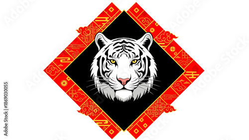White tiger head surrounded by red and gold ornate diamond shape on white background