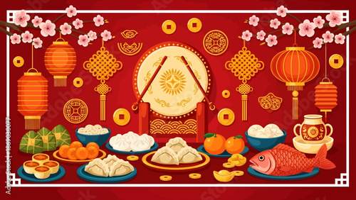 Chinese New Year celebration with traditional food, decorations, and symbolic elements on red background.