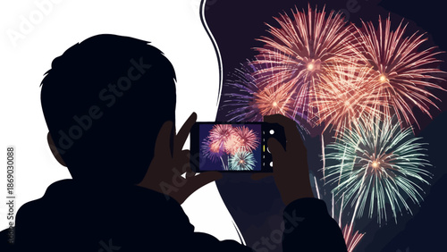 Silhouetted person capturing vibrant fireworks display with smartphone at night