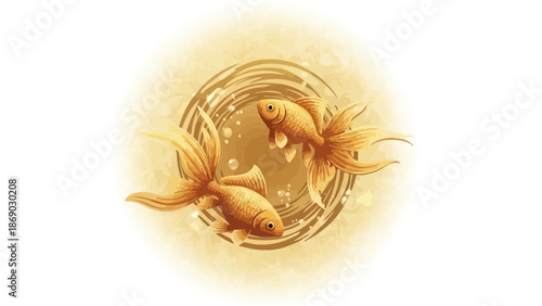 Two golden fish swimming together in a circular motion with flowing tails