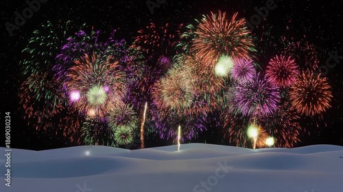 with fireworks lighting the sky, bright reflections on snow, 