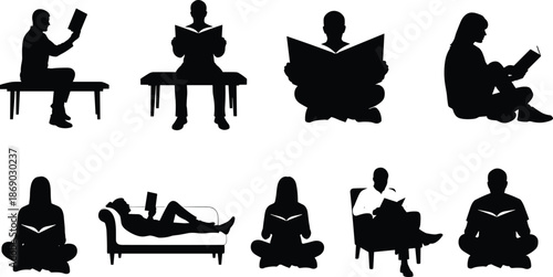 Silhouette of people reading books in seated and reclining poses, diverse postures, relaxed atmosphere, indoor leisure, quiet activity