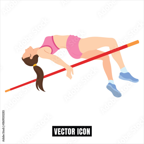 Female Athlete High Jumping Over Bar - Flat Design Vector Illustration