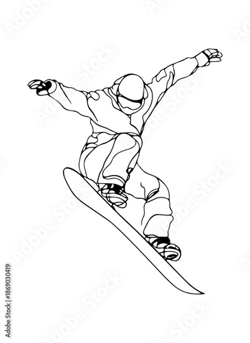 Minimalist line art of snowboarder in mid-air jump, dynamic winter sports sketch in black and white, isolated with transparent background