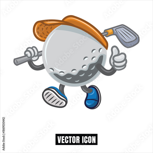Happy Golf Ball Character with Club Thumbs Up Flat Design Vector Illustration
